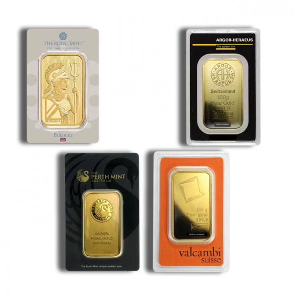 the royal mint, the perth mint, valcambi suisse, switzerland 100gm gold bar