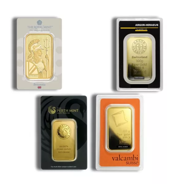 the royal mint, the perth mint, valcambi suisse, switzerland 100gm gold bar